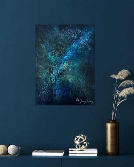 Aletheia Abstrakte Kunst mit blauen und grünen Farbverläufen, auf dunklem Hintergrund.